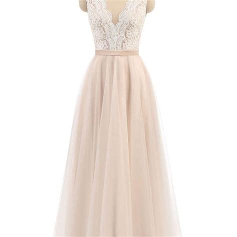 Light Champagne A Line V Neck Sleeveless Tulle Long Prom Dress Elegant