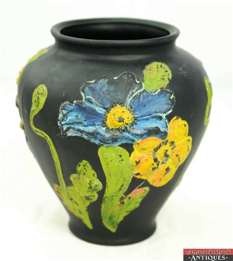 Vtg Tiffin Black Satin Glass Handpainted Relief Textured Poppy Bead Glass Vase Tamarack Shack