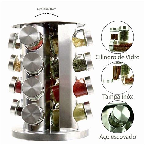 Porta Temperos Organizador Inox E Vidro P S Base Girat Rio Futuro