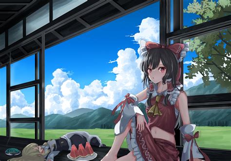 Safebooru 2girls Ascot Barefoot Black Hair Blonde Hair Blue Sky Bow Closed Eyes Clouds