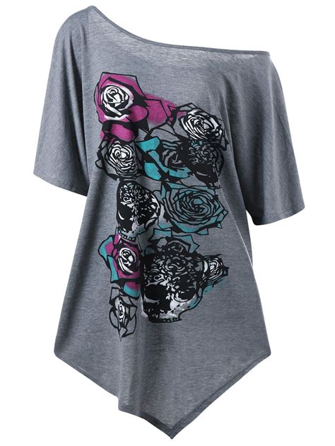 17 Off 2021 Plus Size One Shoulder Floral Asymmetrical T Shirt In Gray Dresslily