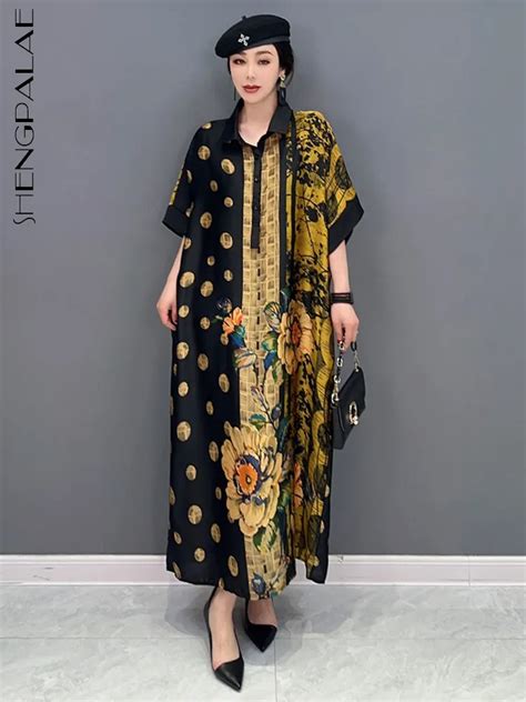 Shengpalae Fashion Women Dress Floral Printed Contrast Color Lapel