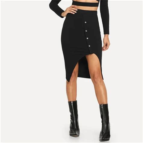 Buy Shein Black Button Front Rib Knit Skirt Elegant