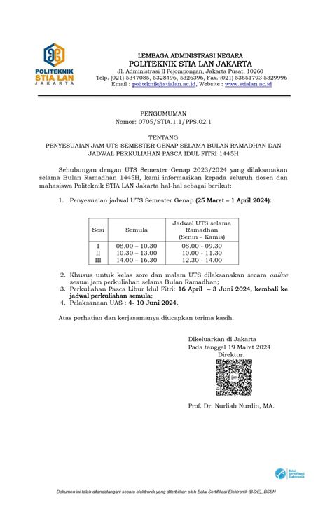 Pengumuman Penyesuaian Jam UTS Semester Genap Selama Bulan Ramadhan Dan