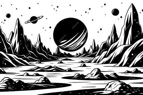 Un Dibujo En Blanco Y Negro De Un Planeta Con Un Planeta En El Medio Vector Premium