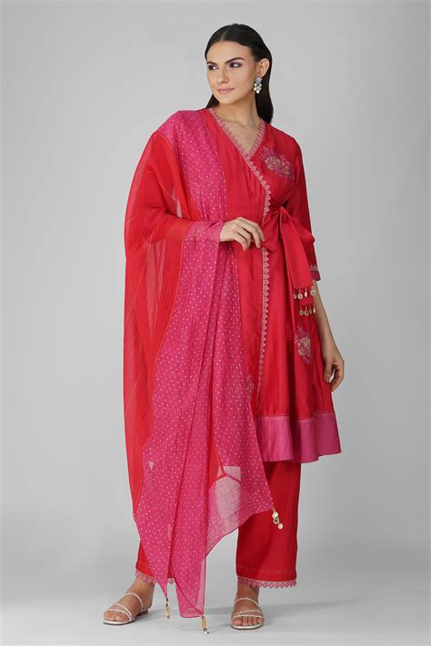 Buy Red Chanderi Embroidery Thread V Neck Starry Rose Angrakha Set For