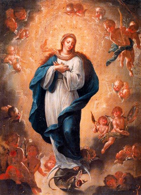 An Image Of The Virgin Mary With Angels In The Sky Above Her And Behind