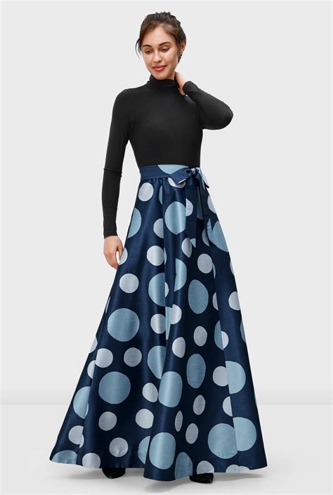 Shop Polka Dot Print Dupioni And Jersey Knit Maxi Dress Eshakti