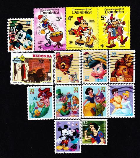 14 Disney Vintage World Used Postage Stamps Collector Set Stamp Art