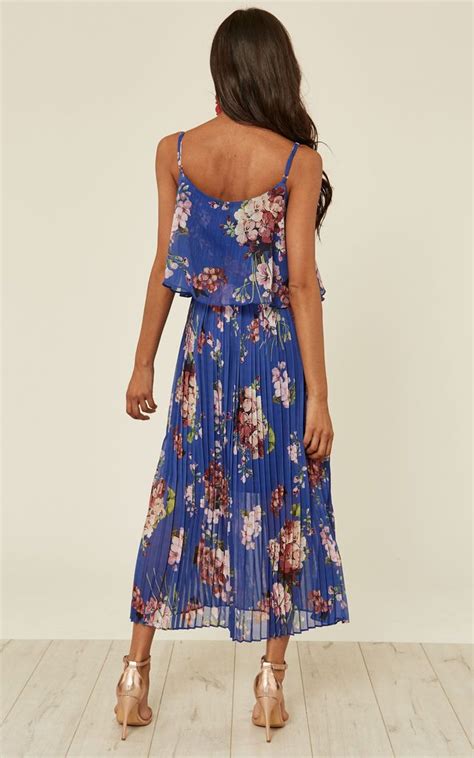 Dark Blue Floral Print Pleated Cami Midi Dress Urban Touch Silkfred