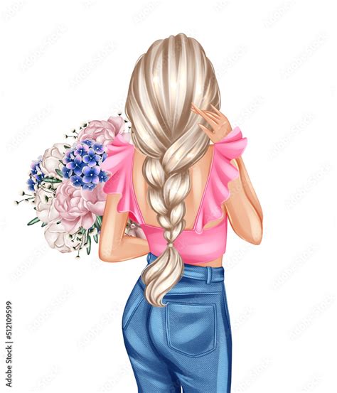 Beautiful Blonde Girl With Flowers Back View Fashion Girl Illustration Stock Illustration