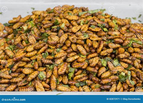 Edible Roasted And Spiced Meal Worms Bugs Fried On Street Food In Thailand Fried Larva Is The