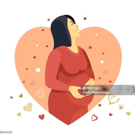 Happy Pregnant Asian Woman Holding Her Belly High Res Vector Graphic