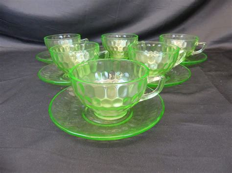 Lot 370 Federal Glass Thumbprint Green Cup And Saucer Sets 6 Sets Hidden Treasure Estate