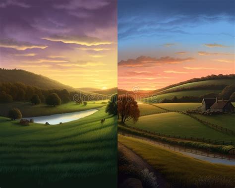 A Painting of a Sunset and a Painting of a Farm. AI Generative Image ...