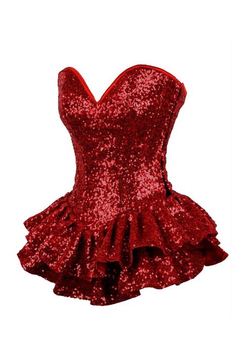 Plus Size Top Drawer Red Sequin Steel Boned Mini Corset Dress Spicy