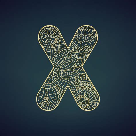 Letter X In Doodle Style Mandala Alphabet In The Golden Style Vector