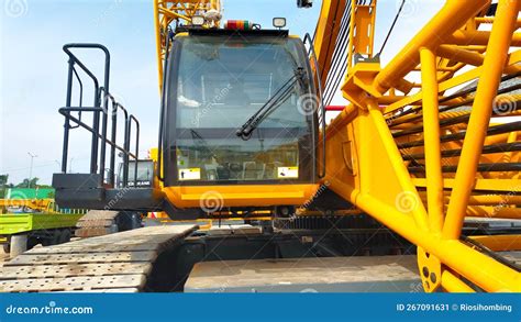 Large Yellow Crawler Crane Operator Cabin Front Look Stock Image