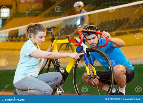 Portrait Cyclist Trainer Assisting Competitor Stock Photo - Image of ...