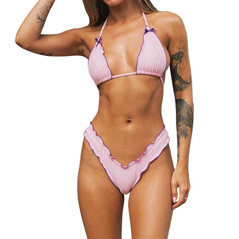 Yunliwuli Women S 2 Piece Bikini Set Bow Halter Neck Tie Up Bikini Tops Low Waist Bikini Shorts