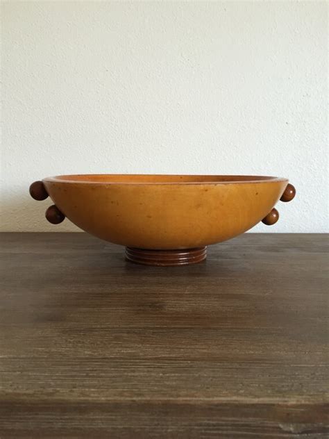 Wood Bowl with Applied Knob Handles Art Deco Wood Bowl