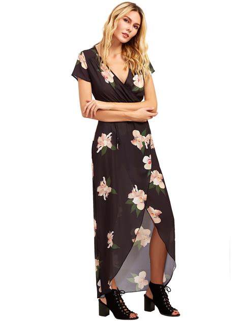 Black Floral Print Short Sleeve V Neck Split Dress Shein Sheinside