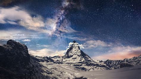 Naturaleza Paisaje Vista Lejana Montañas Nieve Nubes Rocas Estrellas Fondo De Pantalla