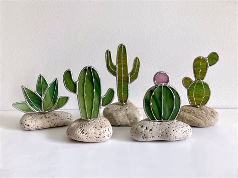 Stained Glass Cactus On Rock Stand Fake Cactus Plant Stained Glass