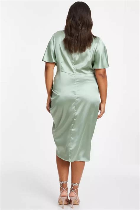 Curve Sage Satin Ruched Wrap Midi Dress Quiz Clothing