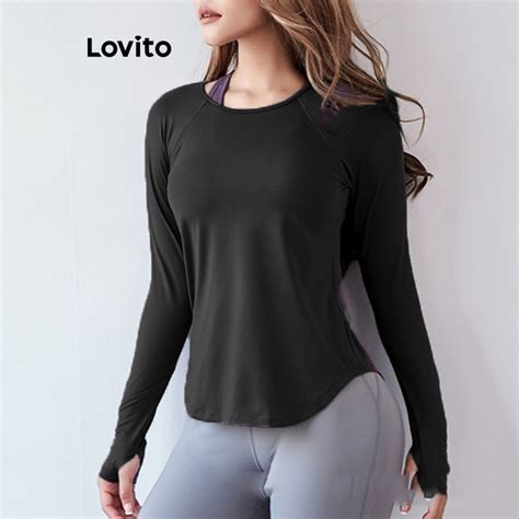 Lovito Camiseta esportiva básica lisa esportiva para mulheres LNL61008