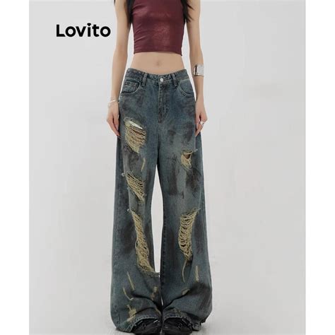 Lovito Jeans Casuais Lavados Lisos Para Mulheres LNA73507 Shopee Brasil