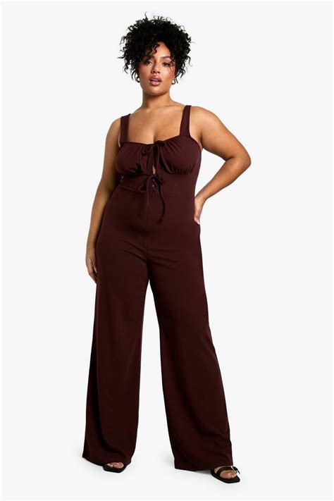 Plus Lace Up Detail Wide Leg Jumpsuit Boohoo Usa