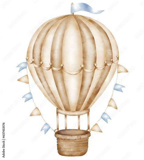 Stockillustratie Watercolor Illustration Of Hot Air Balloon Cartoon With Nude Colors And Blue