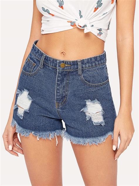 Ripped Raw Hem Denim Shorts Denim Shorts Denim Short Dress Styles