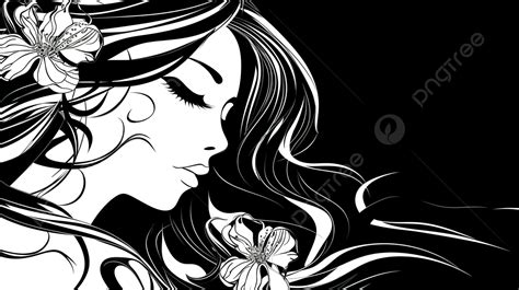 Silhouette Of Woman With Long Hair With Flower In Black And White