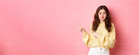 Sad And Gloomy Brunette Girl Complaining On Bad Promotional Text