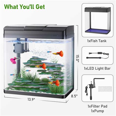 Pondon Gallon Fish Tank Glass Aquarium With Air Pump Led Cool