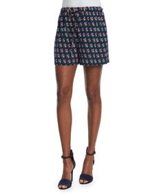 Diane Von Furstenberg Kyle Silk Zen Flora Drawstring Shorts Midnight