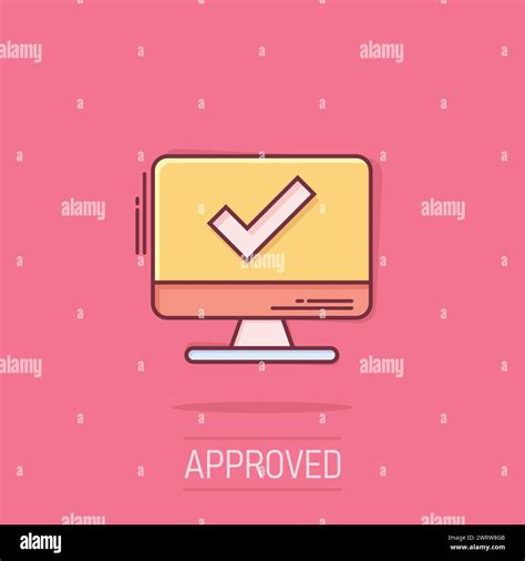 Computer Check Mark Icon In Comic Style Survey Approval Cartoon Vector