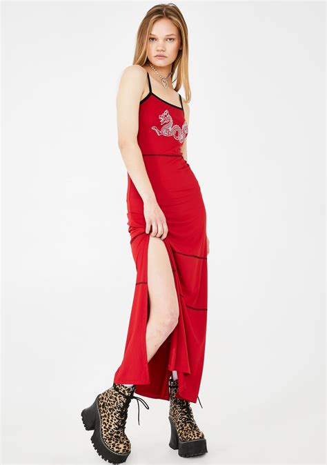 Delias Fitted Red Maxi Dress With Dragon Embroidery Dolls Kill