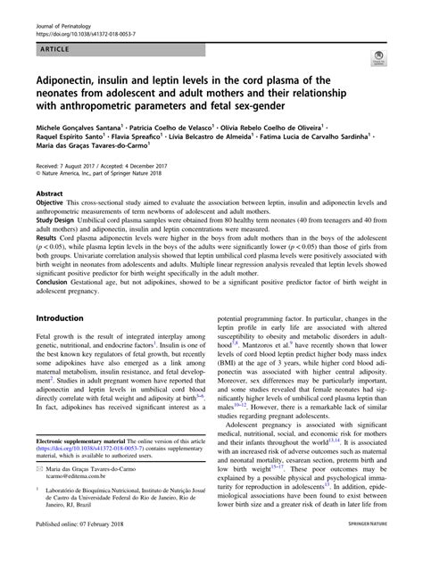 Pdf Adiponectin Insulin And Leptin Levels In The Cord Plasma Of The