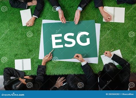 Top View Panoramic Banner ESG Symbol On Green Grass Meeting Table