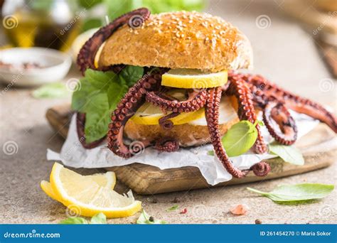 Big Burger With Octopus And Lemon Large Sandwich Stuffed With Seafood