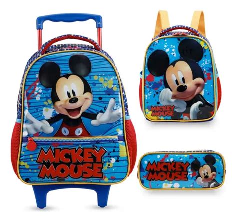 Kit Mochila Rodinha Lancheira Estojo Mickey Mouse Disney