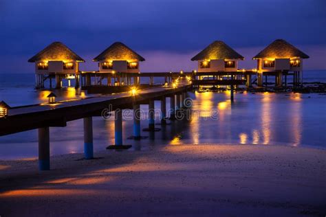 Water Bungalows Houses at Night, Tropical Landscape Stock Photo - Image ...