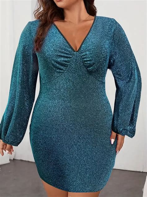 Plus Size Elegant Dress Womens Plus Glitter Lantern Sleeve Temu Norway