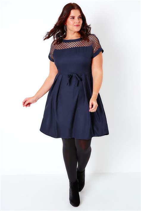 Praslin Navy Shift Dress With Netted Neckline And Shoulder Detail Plus Sizes 16 18 20 22 24 26