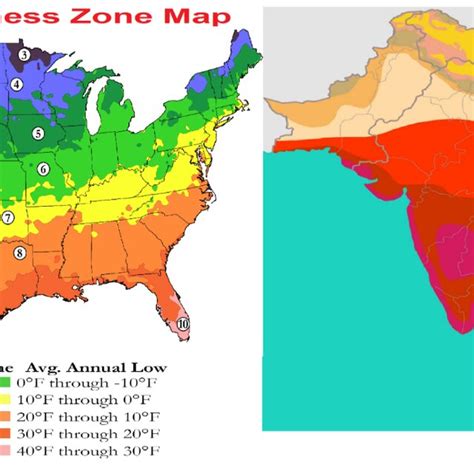 Showing the hardiness zone map for the United States and India ...