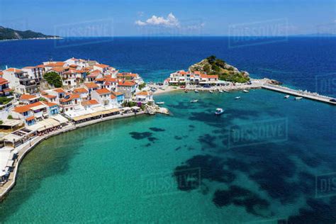 Aerial By Drone Of Kokkari And Its Pebble Beach Samos Greek Islands