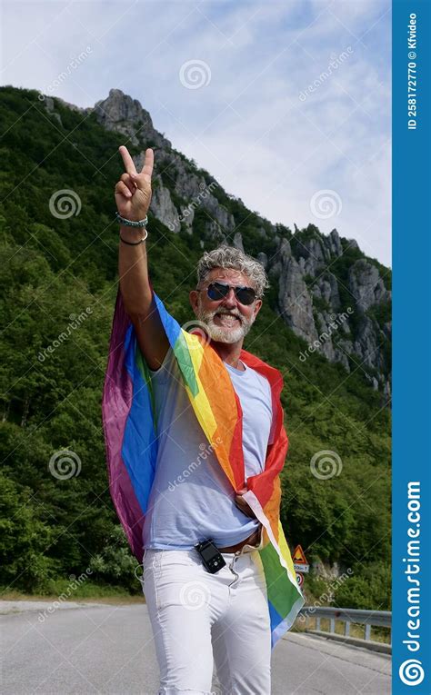 Senior Man Gay Gray Haired With LGBT Flag Editorial Image Image Of